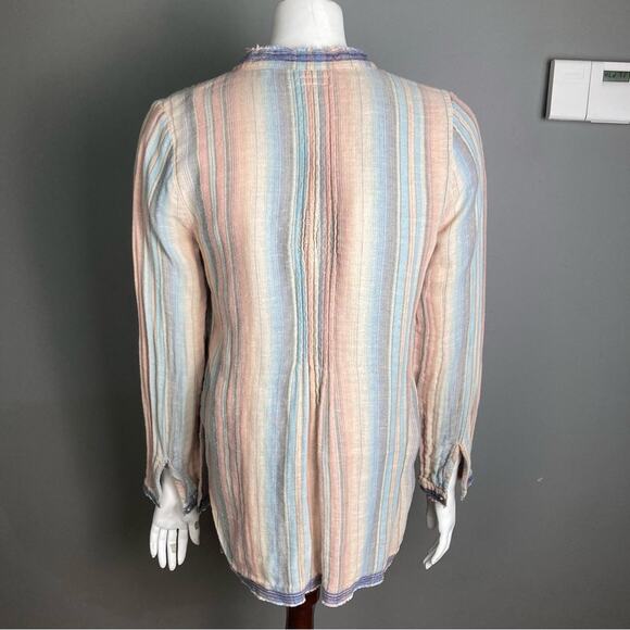 Faherty top small button up peasant madras pastel linen rainbow beachy Baja - Picture 5 of 10